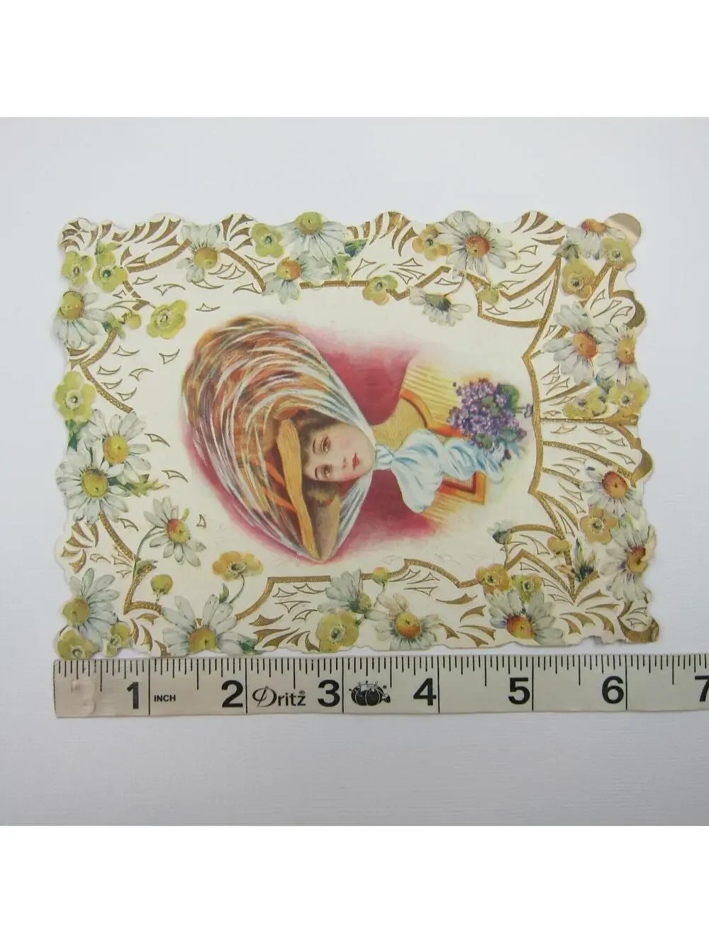Vintage Valentine Card 1910s Woman Straw Hat Feather Scarf Flower Die cut Bifold